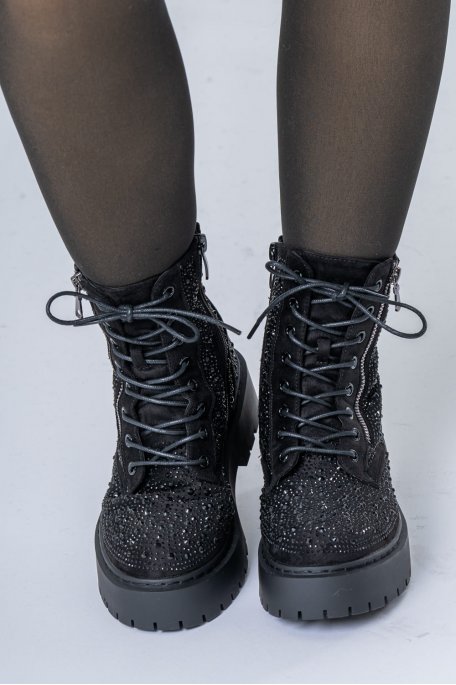 Thick sole rhinestone ankle boots with black laces
