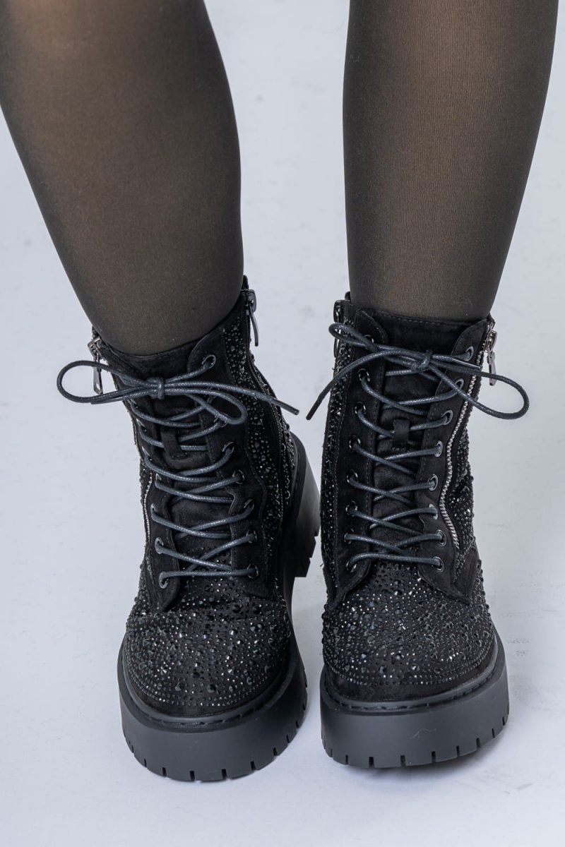 Bottines semelle épaisse à strass avec lacets noir - vue de face