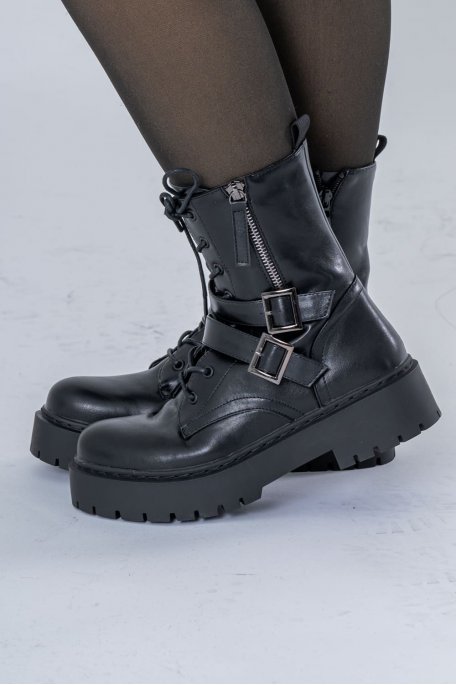 Black double buckle biker boots