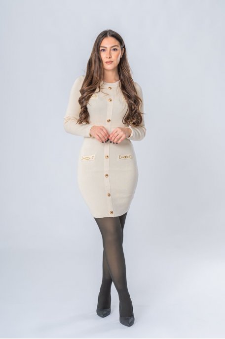 Eng anliegendes Kleid mit goldenen Details beige