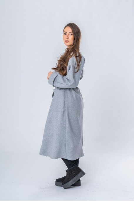 Manteau long ceinture à nouer gris - vue de profil