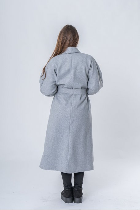 Manteau long ceinture à nouer gris - vue de dos