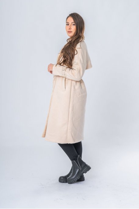 Manteau style trench col fausse fourrure beige - vue de profil