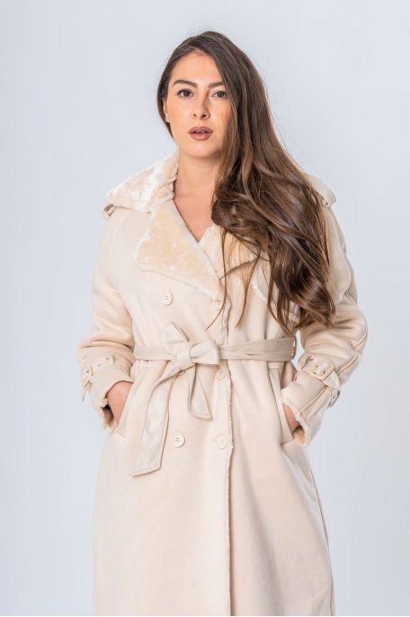 Manteau style trench col fausse fourrure beige - vue de face zoom