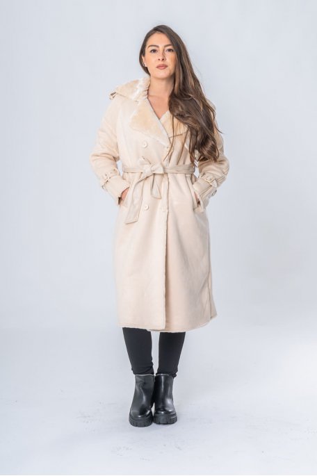 Manteau style trench col fausse fourrure beige - vue de face look entier