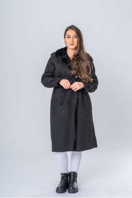 Manteau style trench col fausse fourrure noir - vue de face look entier