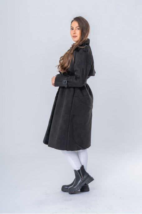 Manteau style trench col fausse fourrure noir - vue de profil