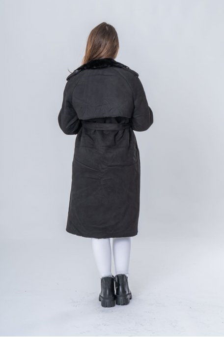 Manteau style trench col fausse fourrure noir - vue de dos