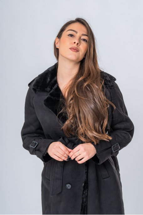 Manteau style trench col fausse fourrure noir - vue de face détail