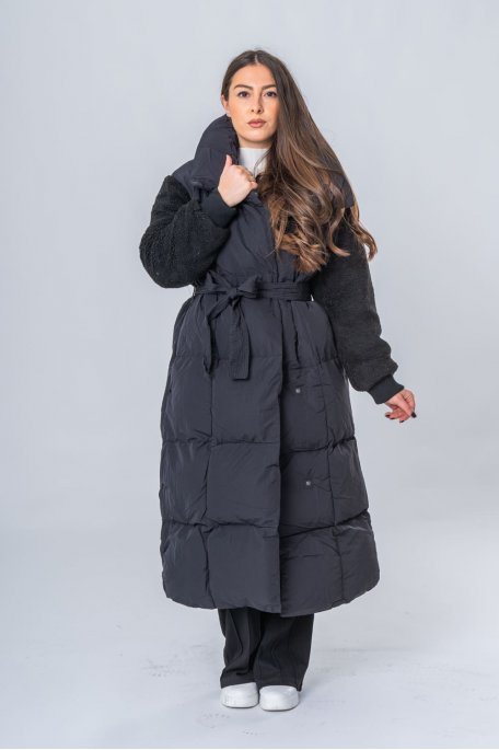Long two-material quilted padded jacket, black