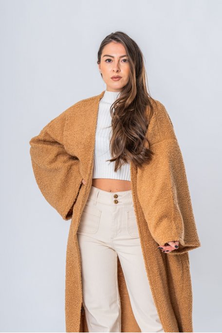 Camel long open sherpa coat