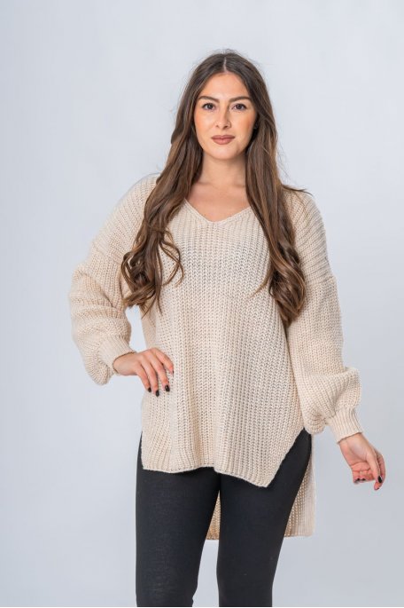 copy of Long V-neck sweater, large knit, white
