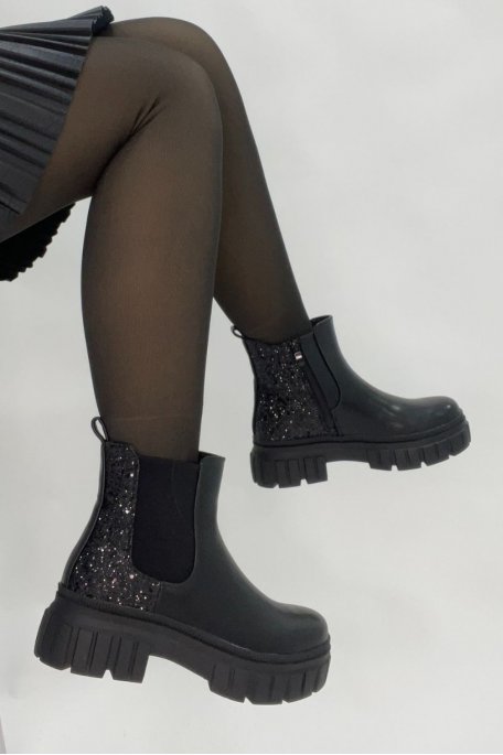 Bottines style chelsea noir semelle épaisse et à paillettes - Cinelle Paris,  mode femme tendance