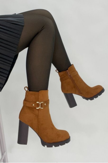 Camel suede-effect heel boots with gold detail