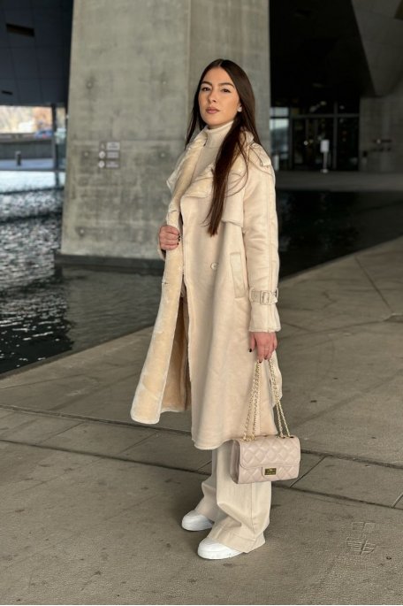 Manteau style trench col fausse fourrure beige