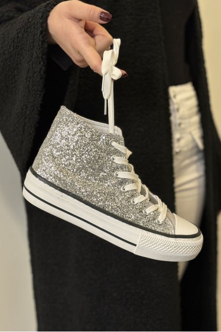 Silver glitter platform high-top sneakers