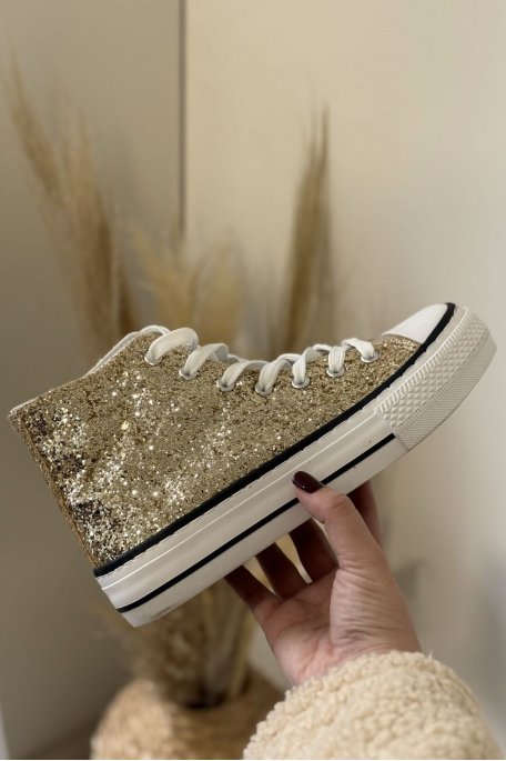 Gold glitter platform high-top sneakers