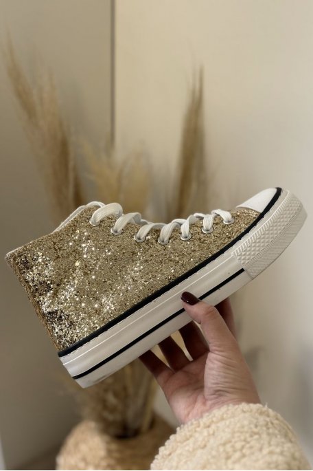 Hohe Plateausneakers mit goldenem Glitter