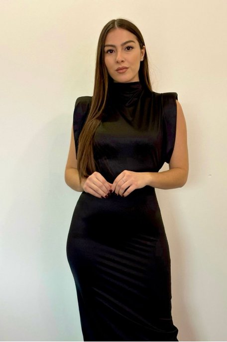copy of Shapely satin dress with round stand-up collar and black epaulettes
