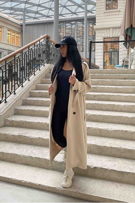 Beige belted long trench-coat