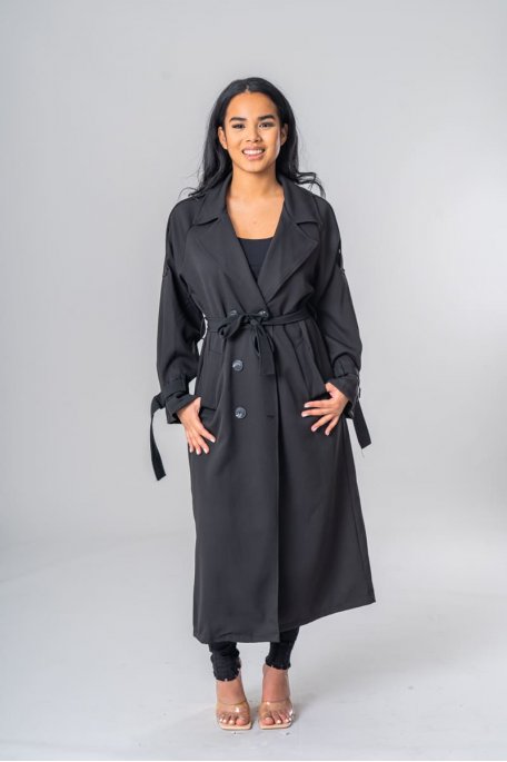 Black belted long trench coat
