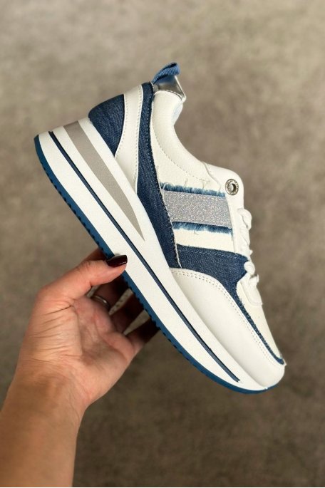 Bi-material sneakers in blue denim