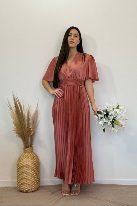 Pink satin pleated maxi dress