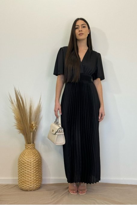 Black satin pleated maxi dress