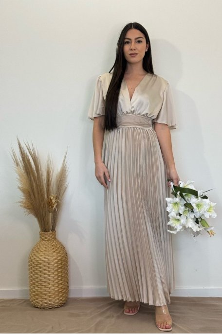 Robe longue plissée satinée beige