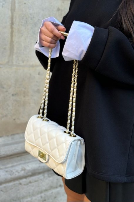 White quilted leatherette woven chain handbag