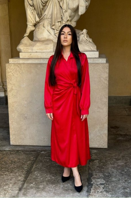 Red satin-effect wrap dress