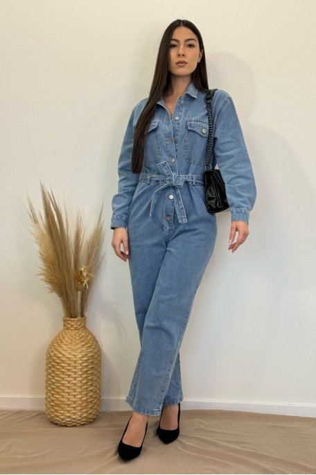 Belted blue denim jumpsuit