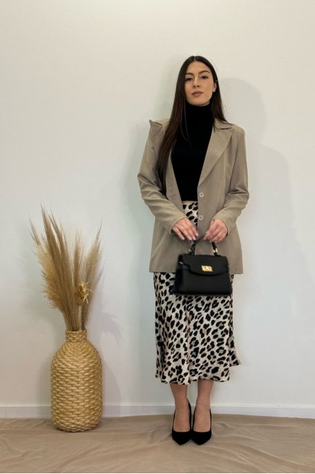 Long satin skirt with beige leopard print