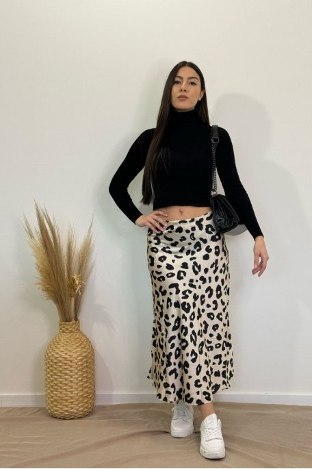Cream satin-effect leopard print long skirt