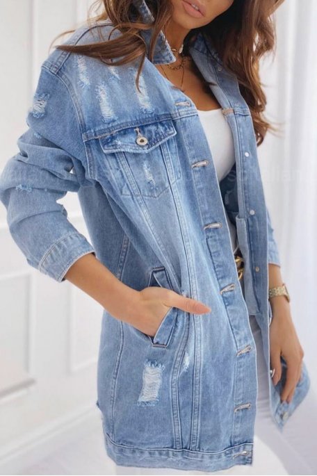 Long blue ripped denim jacket