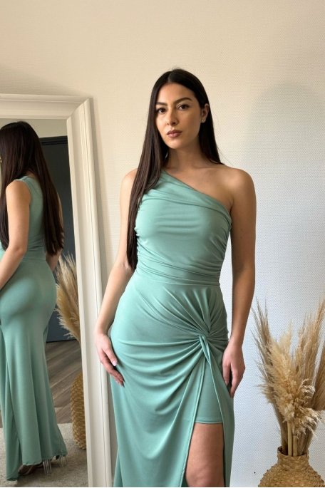 Robe one shoulder asymétrique moulante effet drapé vert