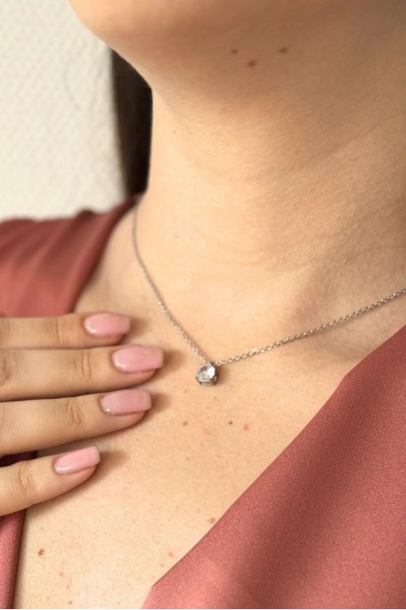 Collier solitaire strass acier inoxydable argent