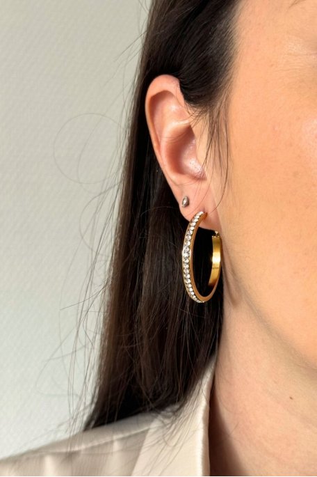 35 mm rhinestone hoop earrings stainless steel gold