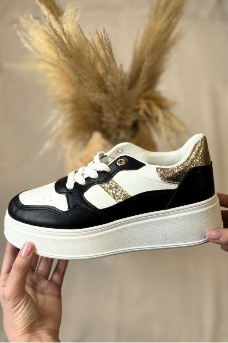 Thick-soled sneakers with black gold glitter yoke