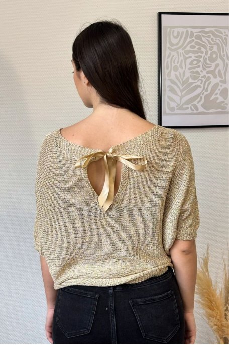 Shiny knit top with gold back bow