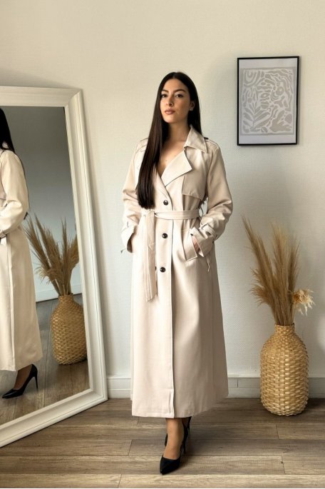 Beige long trench coat with removable belt