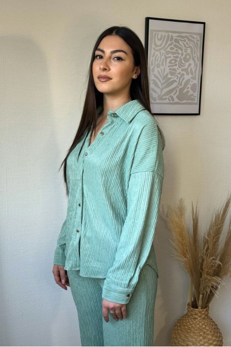 Green pleated blouse and pants set