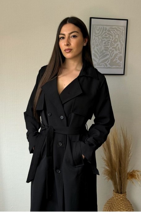 Long trench coat with removable belt, black