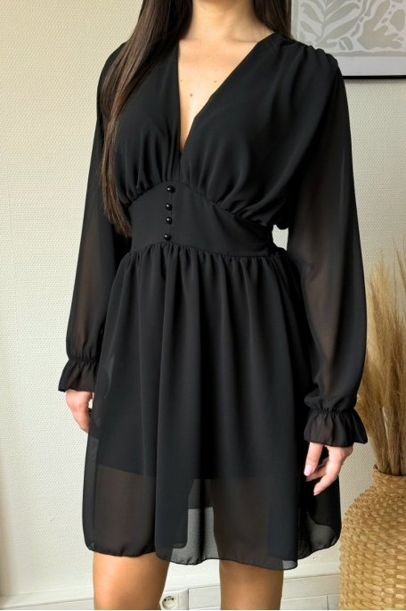 Kurzes fließendes Kleid mit V-Ausschnitt schwarz