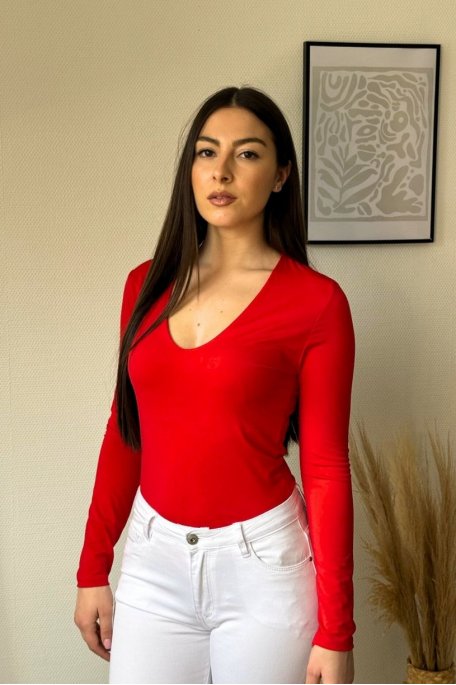Red V-neck long-sleeved bodysuit
