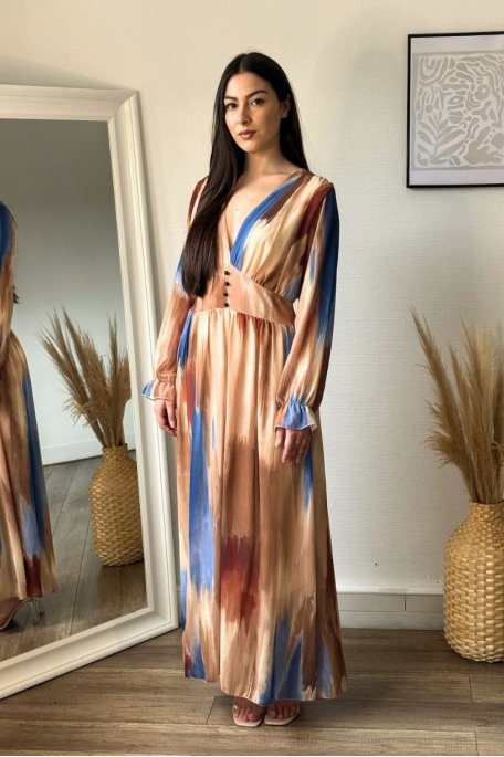 Langes zweifarbiges Kleid mit blauen Drucken