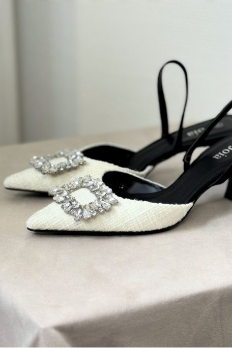 Tweed pumps with back strap and white rhinestone embellishment