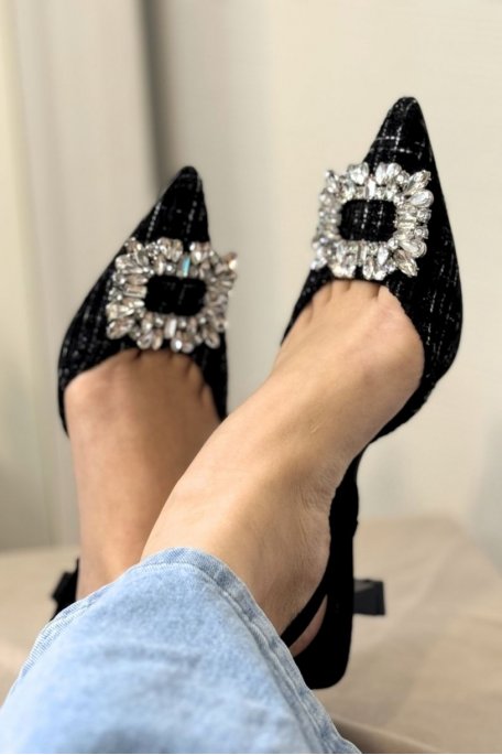 Tweed pumps with back strap and black rhinestone trim