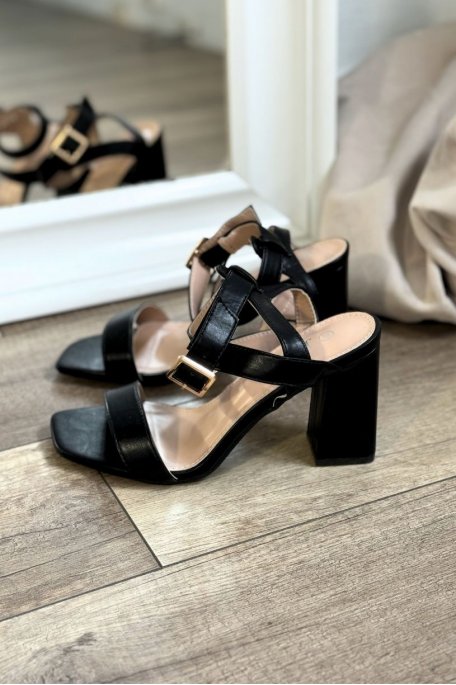 Sandales noires a talons carres et fermeture boucle croisee Cinelle Paris mode femme tendance