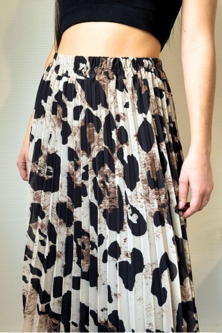 Brown leopard pleated long skirt
